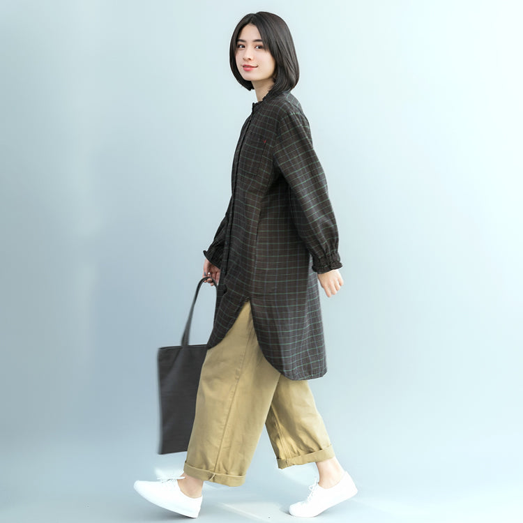 Green Plaid Cotton Tunics for 18th Century Fabrics Cotton Spring Ruffled Shirt Dress