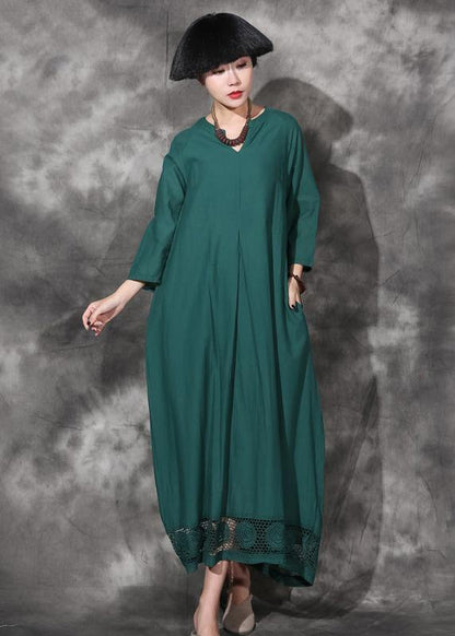 Green Bracelet Sleeved Cotton Clothes V Neck Dresses Summer Dresses