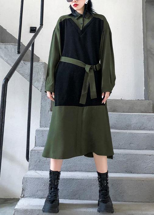 Green Cotton Tunics Lapel Patchwork Dresses