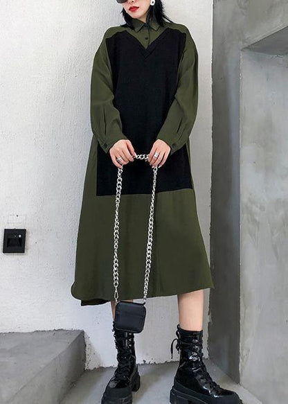 Green Cotton Tunics Lapel Patchwork Dresses