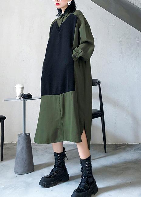 Green Cotton Tunics Lapel Patchwork Dresses
