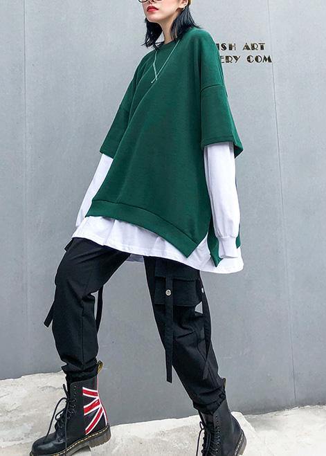 Women green cotton clothes false two pieces Dresses o neck top
