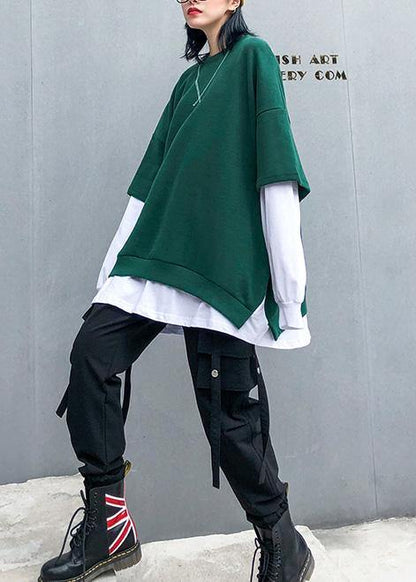 Women green cotton clothes false two pieces Dresses o neck top