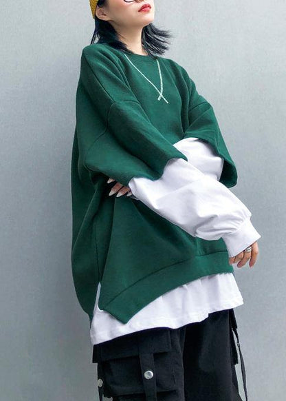 Women green cotton clothes false two pieces Dresses o neck top