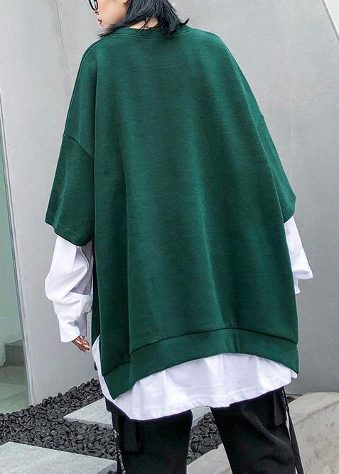 Women green cotton clothes false two pieces Dresses o neck top