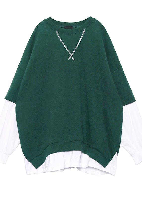 Women green cotton clothes false two pieces Dresses o neck top