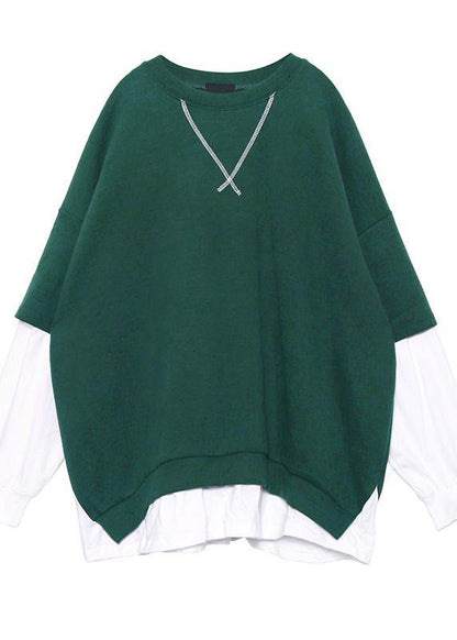 Women green cotton clothes false two pieces Dresses o neck top