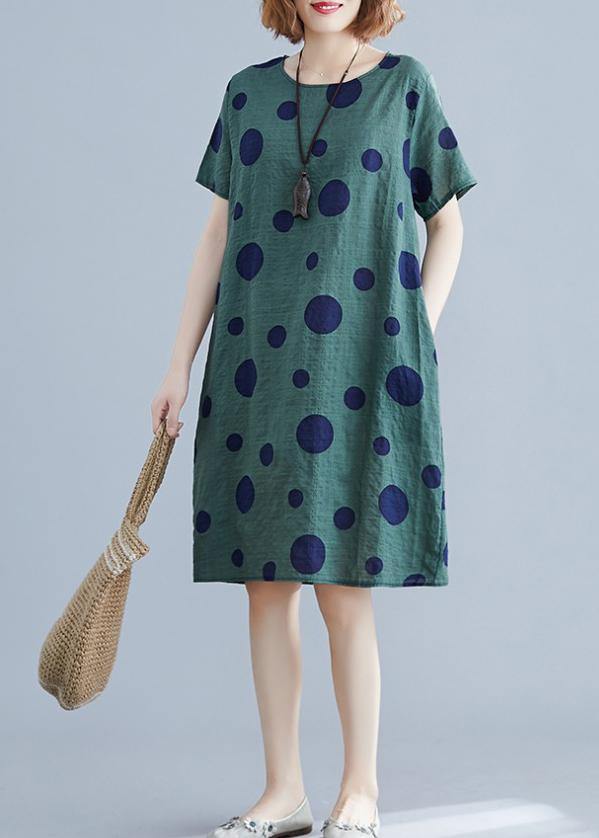 Green Dotted Cotton Tunic O Neck Pockets Loose Dress