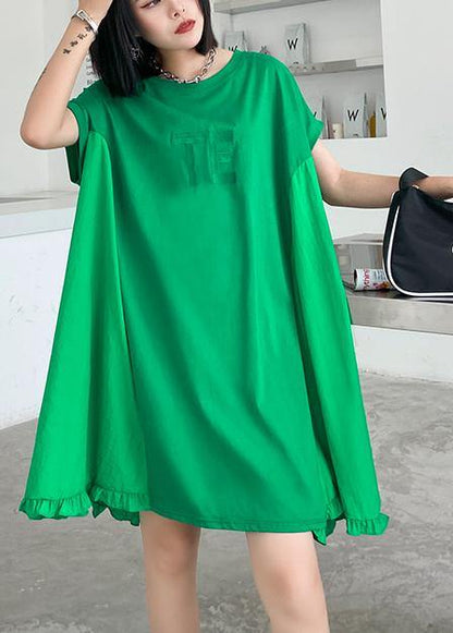 Green Embroidery Cotton Tunics O Neck Midi Summer Dress