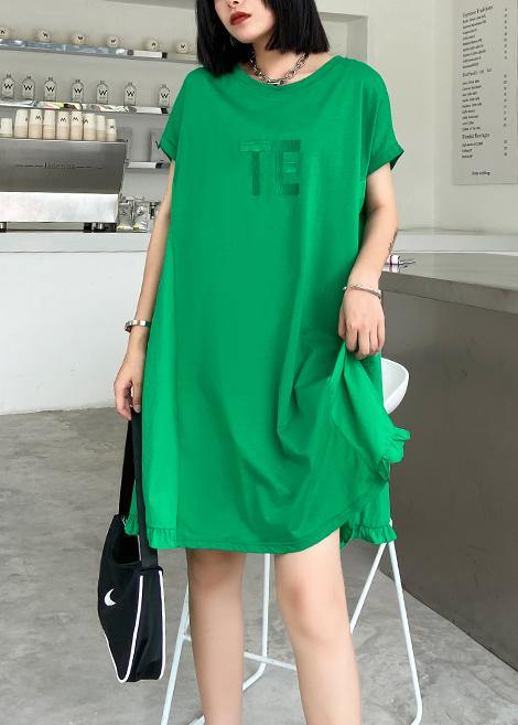Green Embroidery Cotton Tunics O Neck Midi Summer Dress