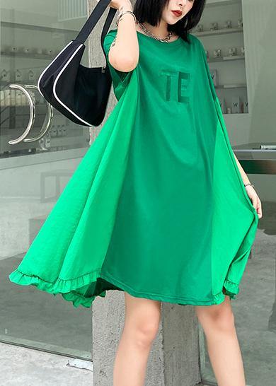 Green Embroidery Cotton Tunics O Neck Midi Summer Dress