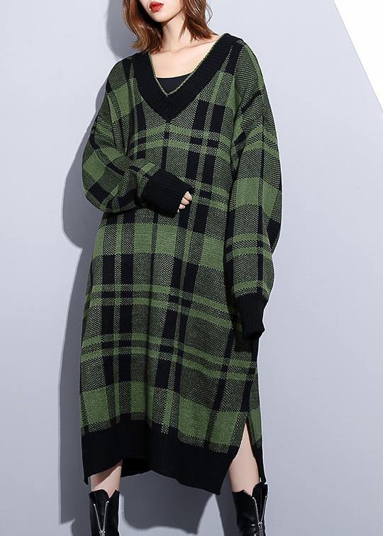 Green Plaid Cotton Long Shirts Side Open Daily V Neck Dress
