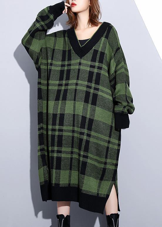 Green Plaid Cotton Long Shirts Side Open Daily V Neck Dress