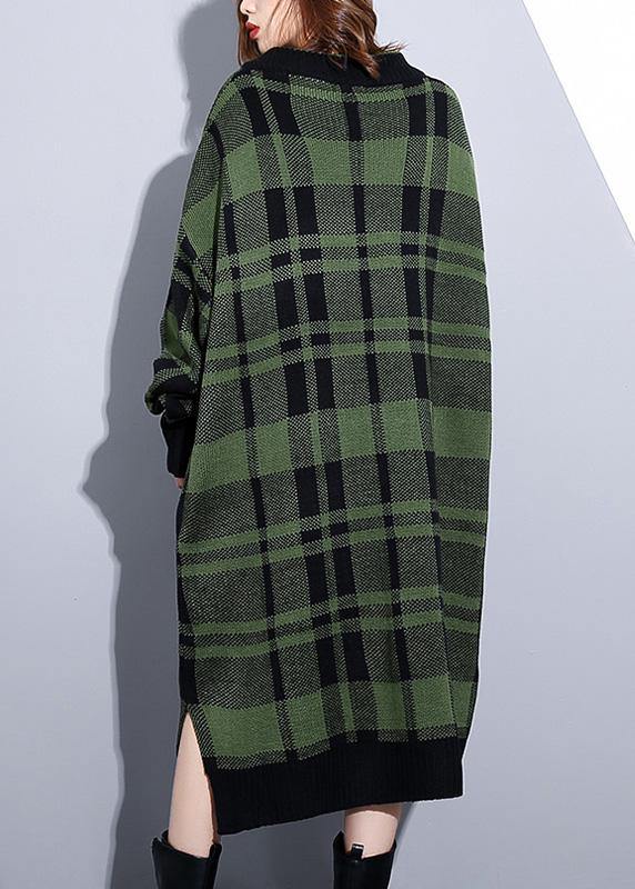 Green Plaid Cotton Long Shirts Side Open Daily V Neck Dress