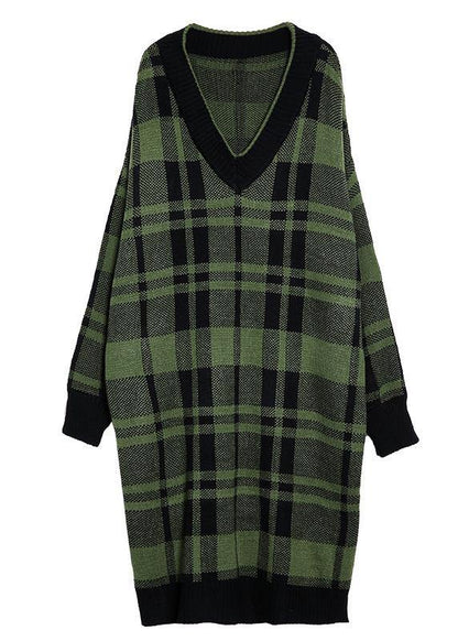 Green Plaid Cotton Long Shirts Side Open Daily V Neck Dress