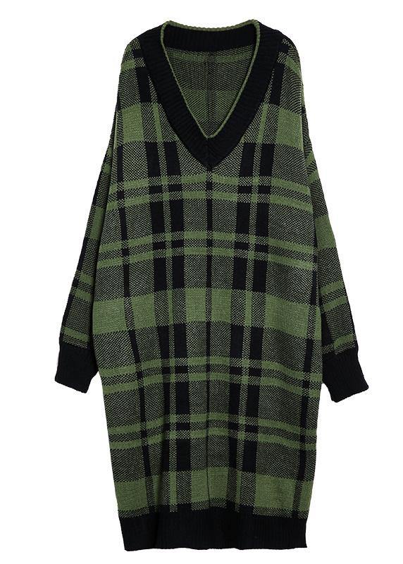 Green Plaid Cotton Long Shirts Side Open Daily V Neck Dress