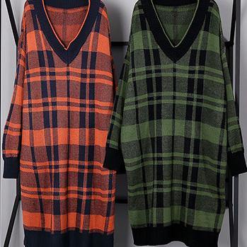 Green Plaid Cotton Long Shirts Side Open Daily V Neck Dress