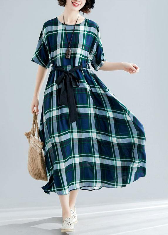 Green Plaid Cotton Tunics Tie Waist Cotton Robes Summer Dress