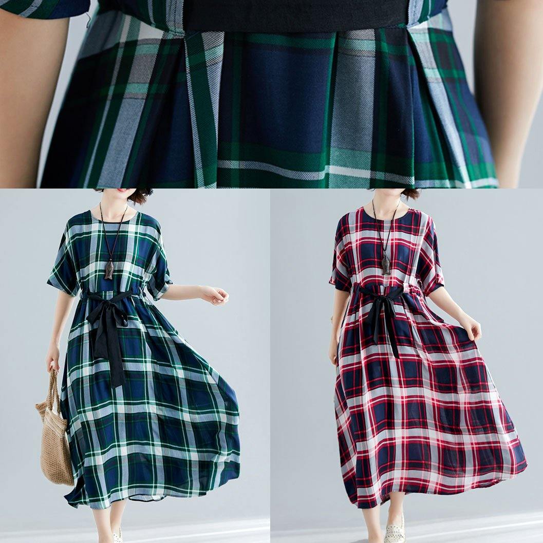 Green Plaid Cotton Tunics Tie Waist Cotton Robes Summer Dress