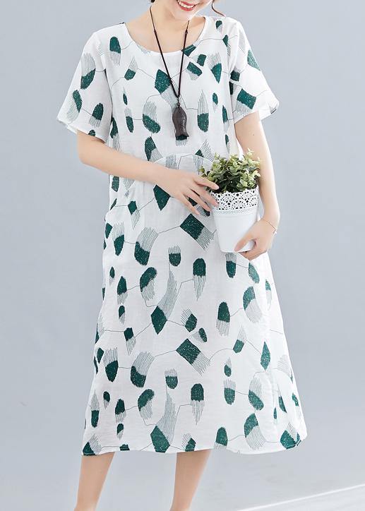 Green Print Linen Cotton Robes O Neck Pockets Long Summer Dress