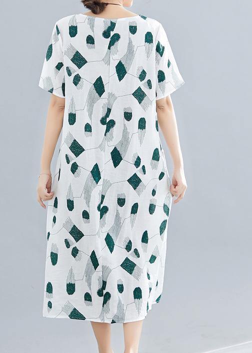Green Print Linen Cotton Robes O Neck Pockets Long Summer Dress