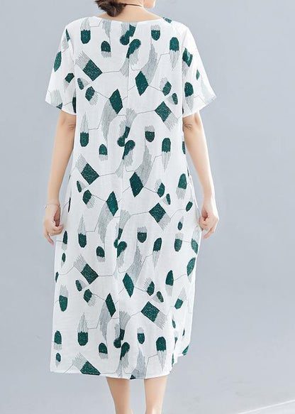 Green Print Linen Cotton Robes O Neck Pockets Long Summer Dress