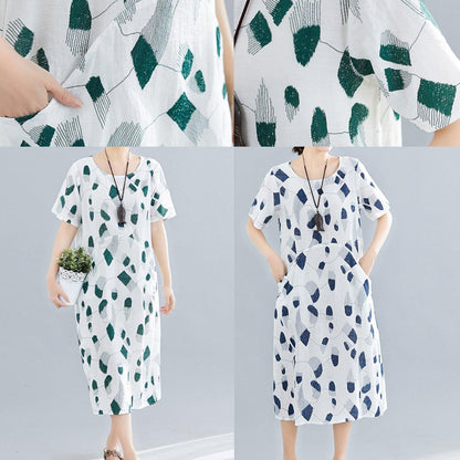 Green Print Linen Cotton Robes O Neck Pockets Long Summer Dress