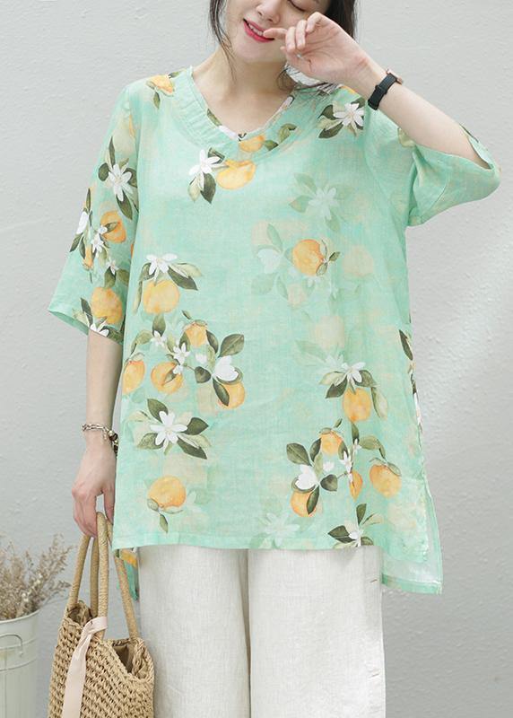 Green Print Linen Tunic Top O Neck Half Sleeve Oversized Summer Shirt