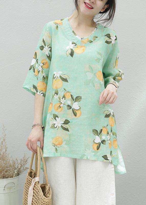 Green Print Linen Tunic Top O Neck Half Sleeve Oversized Summer Shirt