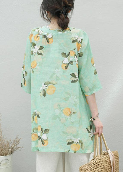 Green Print Linen Tunic Top O Neck Half Sleeve Oversized Summer Shirt