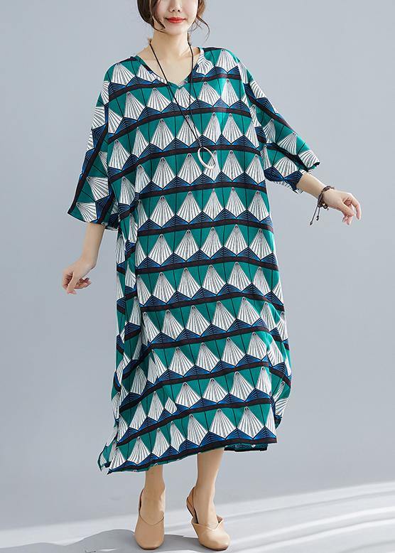 Green Prints Cotton Tunic Catwalk Bracelet Sleeved Long Summer Dresses