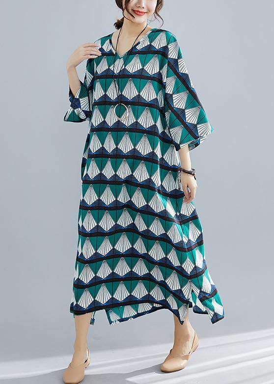 Green Prints Cotton Tunic Catwalk Bracelet Sleeved Long Summer Dresses