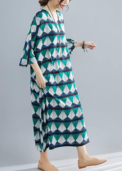 Green Prints Cotton Tunic Catwalk Bracelet Sleeved Long Summer Dresses