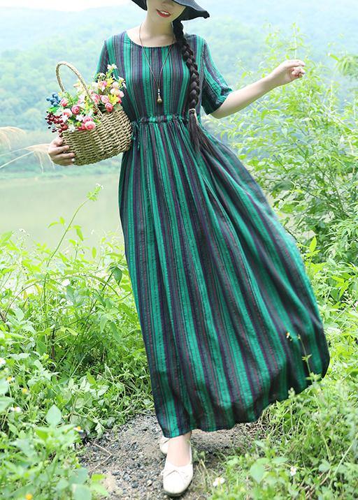 Green Striped Cotton Long Shirts Drawstring Loose Summer Dresses