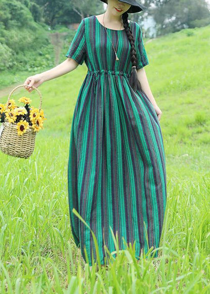 Green Striped Cotton Long Shirts Drawstring Loose Summer Dresses