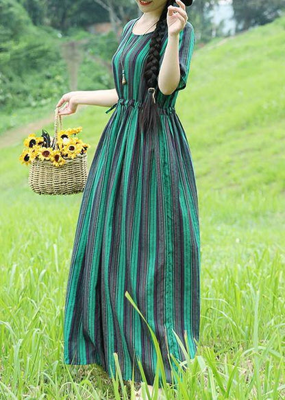Green Striped Cotton Long Shirts Drawstring Loose Summer Dresses