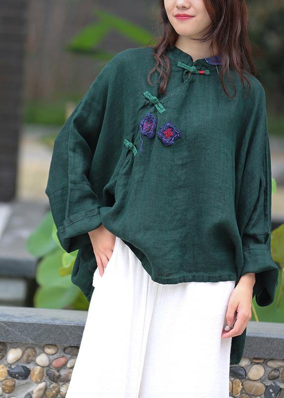 Women green top silhouette stand collar Batwing Sleeve Knee top