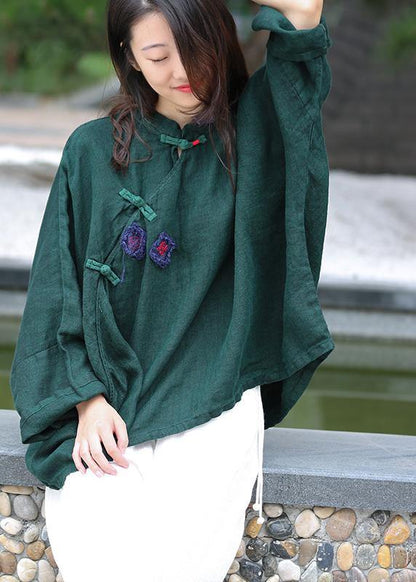 Women green top silhouette stand collar Batwing Sleeve Knee top