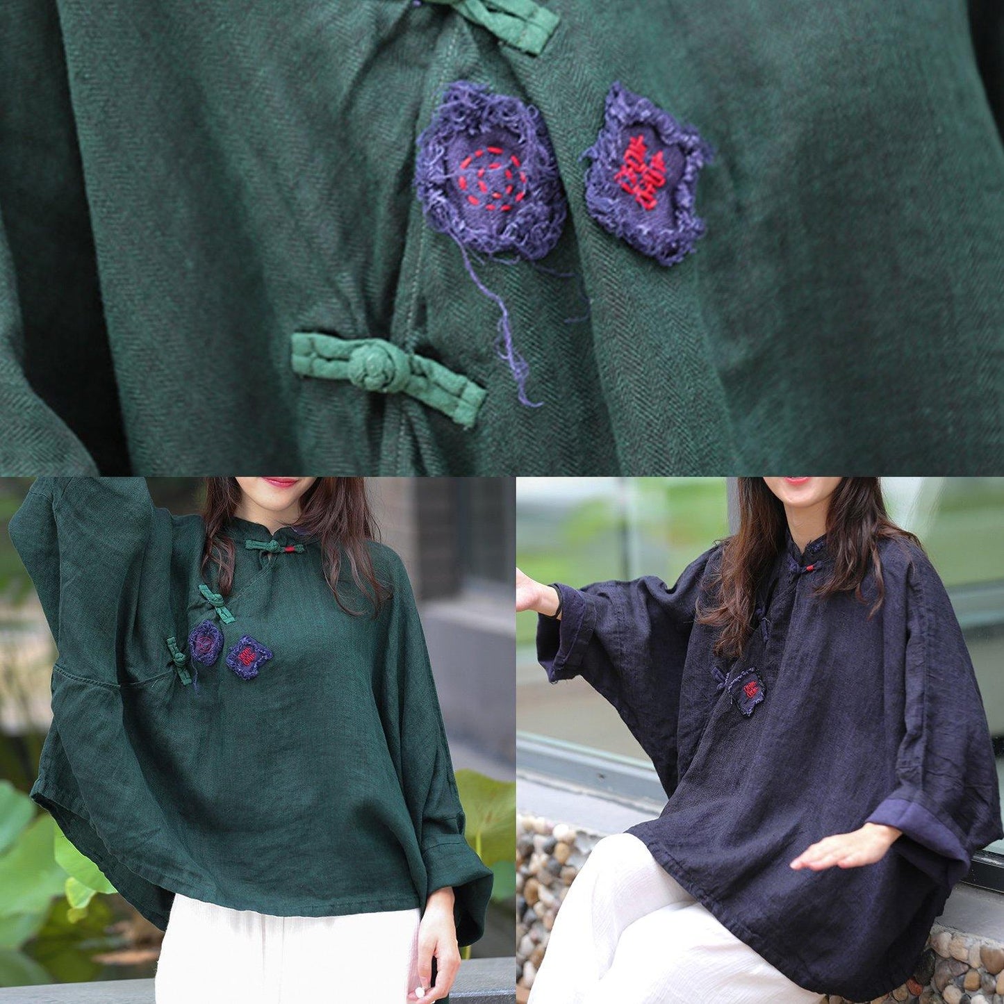 Women green top silhouette stand collar Batwing Sleeve Knee top