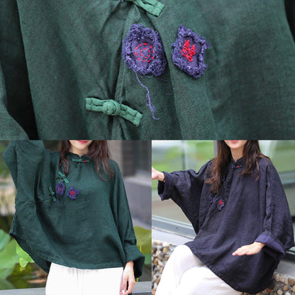 Women green top silhouette stand collar Batwing Sleeve Knee top