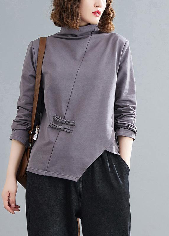 High Neck Chinese Button Clothes Tunic Tops Gray Blouses