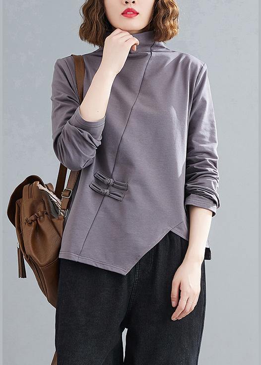 High Neck Chinese Button Clothes Tunic Tops Gray Blouses