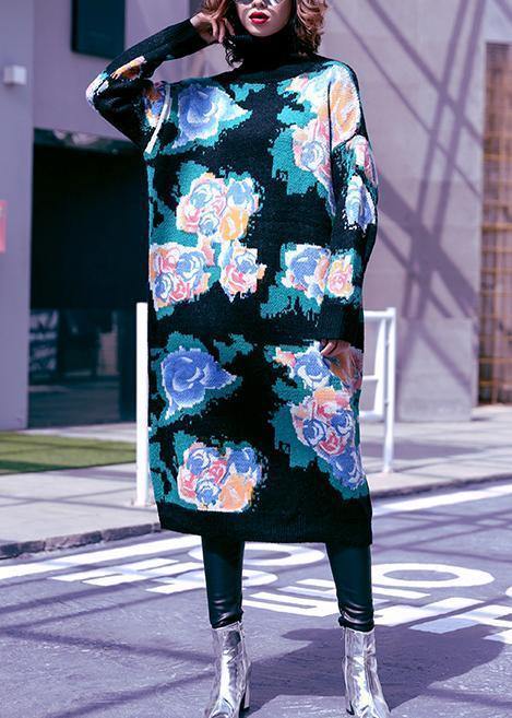 High Neck Sweater Aesthetic Black Print Fuzzy Knit Dress