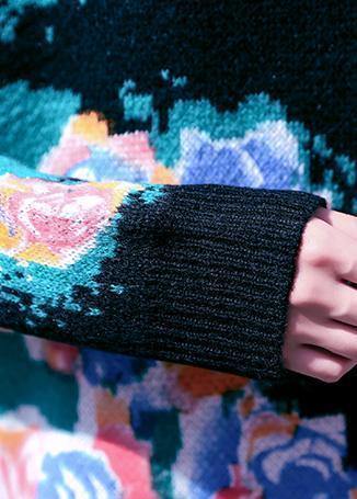 High Neck Sweater Aesthetic Black Print Fuzzy Knit Dress