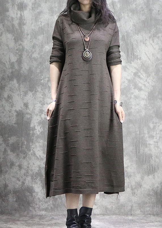 High Neck Sweater Weather Moda Dark Khaki Side Open Daily Knitwear Fall