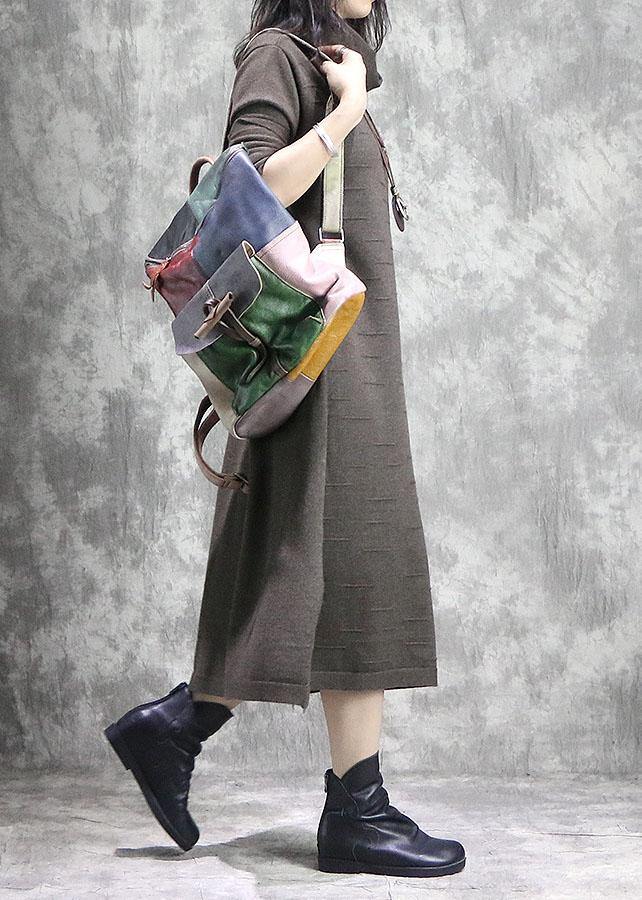 High Neck Sweater Weather Moda Dark Khaki Side Open Daily Knitwear Fall