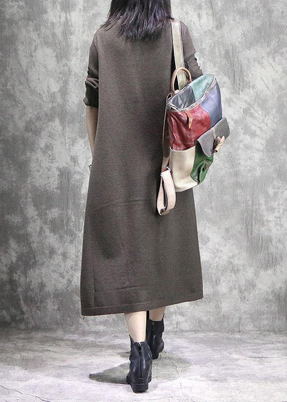 High Neck Sweater Weather Moda Dark Khaki Side Open Daily Knitwear Fall