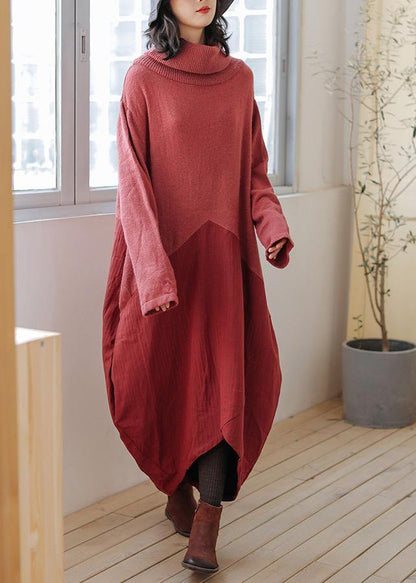 High Neck Asymmetric Sweater Outfits Street Style Red Fuzzy Sweater Dress