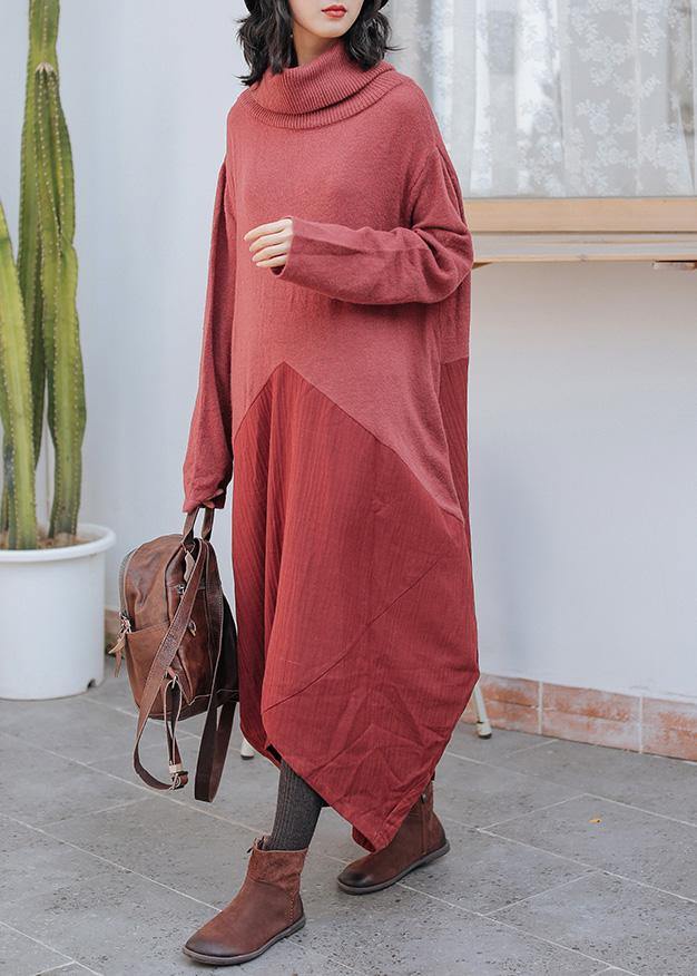 High Neck Asymmetric Sweater Outfits Street Style Red Fuzzy Sweater Dress