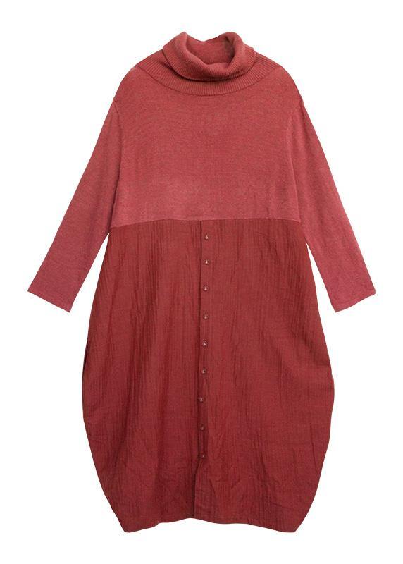 High Neck Asymmetric Sweater Outfits Street Style Red Fuzzy Sweater Dress
